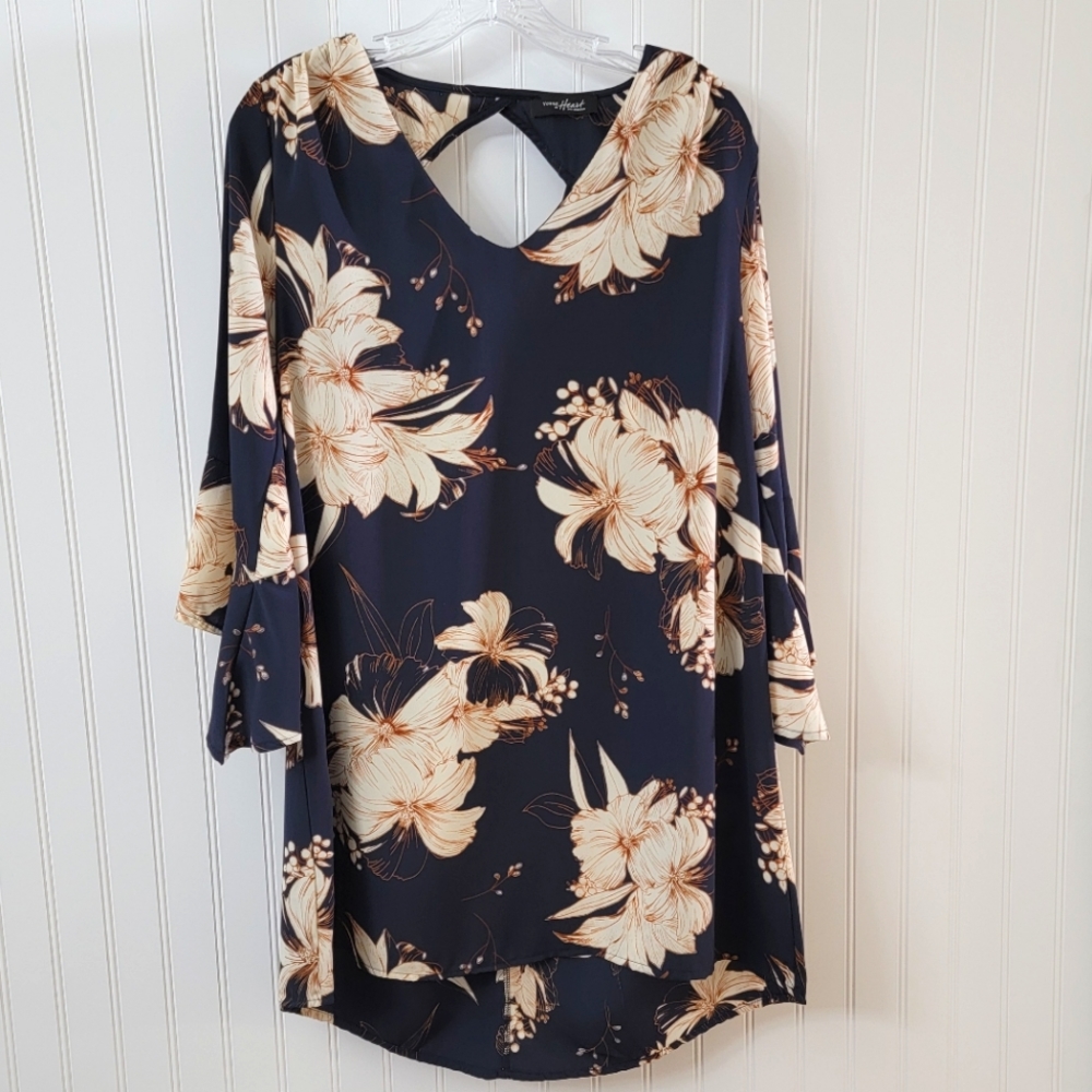 Young at Heart navy and cream floral dress with 3/4 ruffle sleeves size small